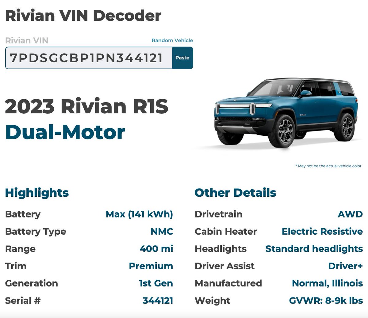 Have you tried our new Rivian VIN decoder?

Give it a try and let us know what else we can add:
rivianwave.com/rivian-vin-dec…