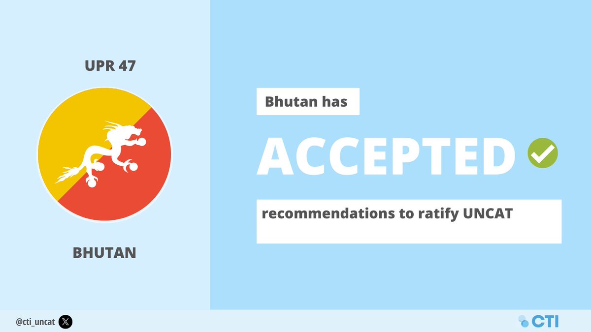 CTI - Convention against Torture Initiative (@cti_uncat) on Twitter photo At #HRC58 adoption of #Bhutan's ๐ง๐น UPR outcome, CTI congratulates Bhutan for accepting recs to ratify #UNCAT! ๐
Recs include 9โฃ from Core States ๐จ๐ฑ๐ฎ๐ฉ & GoF States ๐ฆ๐บ๐ง๐ท๐ซ๐ท๐ฉ๐ช๐จ๐ญ๐ฌ๐ง๐บ๐ธ
CTI remains committed to continue supporting Bhutan towards #UNCAT ratification๐ค At #HRC58 adoption of #Bhutan's ๐ง๐น UPR outcome, CTI congratulates Bhutan for accepting recs to ratify #UNCAT! ๐
Recs include 9โฃ from Core States ๐จ๐ฑ๐ฎ๐ฉ & GoF States ๐ฆ๐บ๐ง๐ท๐ซ๐ท๐ฉ๐ช๐จ๐ญ๐ฌ๐ง๐บ๐ธ
CTI remains committed to continue supporting Bhutan towards #UNCAT ratification๐ค