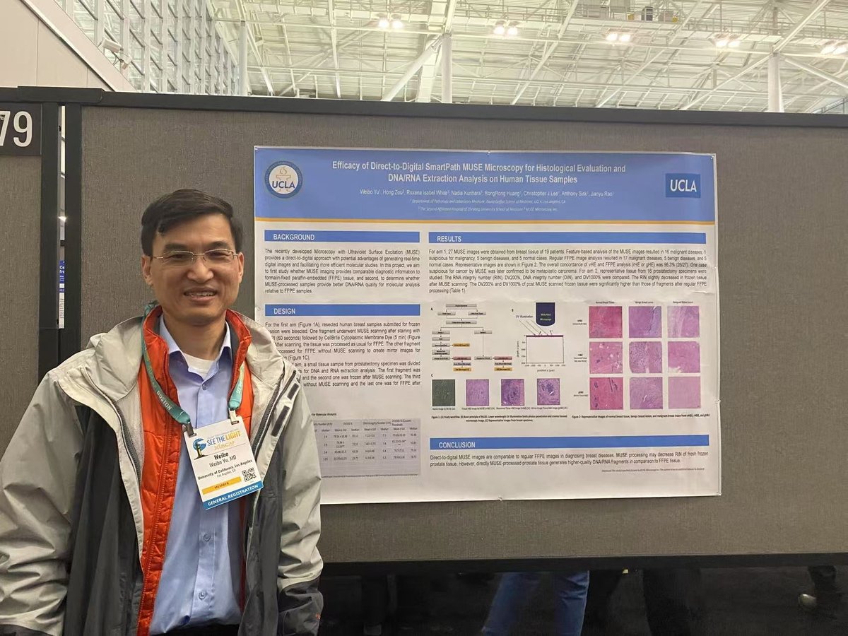 MuseMicroInc's tweet photo. Weibo Yu, MD, UCLA Resident, Postgraduate Year 3, presented a poster (#278) this morning at USCAP. The title is: Efficacy of Direct-to-Digital SmartPath MUSE Microscopy for Histological Evaluation and DNA/RNA Extraction Analysis on Human Tissue Samples.

https://t.co/lpYoJUJC58 https://t.co/iyGLJ497j1