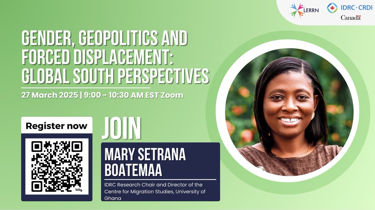 Join Mary Sentrana, IDRC Research Chair (Ghana) as she debates on the gendered impact of externalisation policies on the protection of forcibly displaced persons in the Global South. 

🗓️March 27th 9-10:30 am est 
Register here: carleton.ca/fd-chairs-net/…