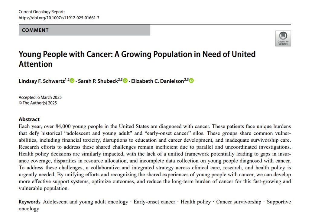 A recent article by <a href="/UCCancerCenter/">UChicagoCancerCenter</a> researchers highlight the importance of a collaborative strategy across clinical care, research, and health policy to reduce the long-term cancer burden in the rapidly growing young population. <a href="/spshubeck/">Sarah Shubeck MD MS</a> <a href="/UChicagoHemOnc/">University of Chicago Hematology/Oncology</a> link.springer.com/article/10.100…
