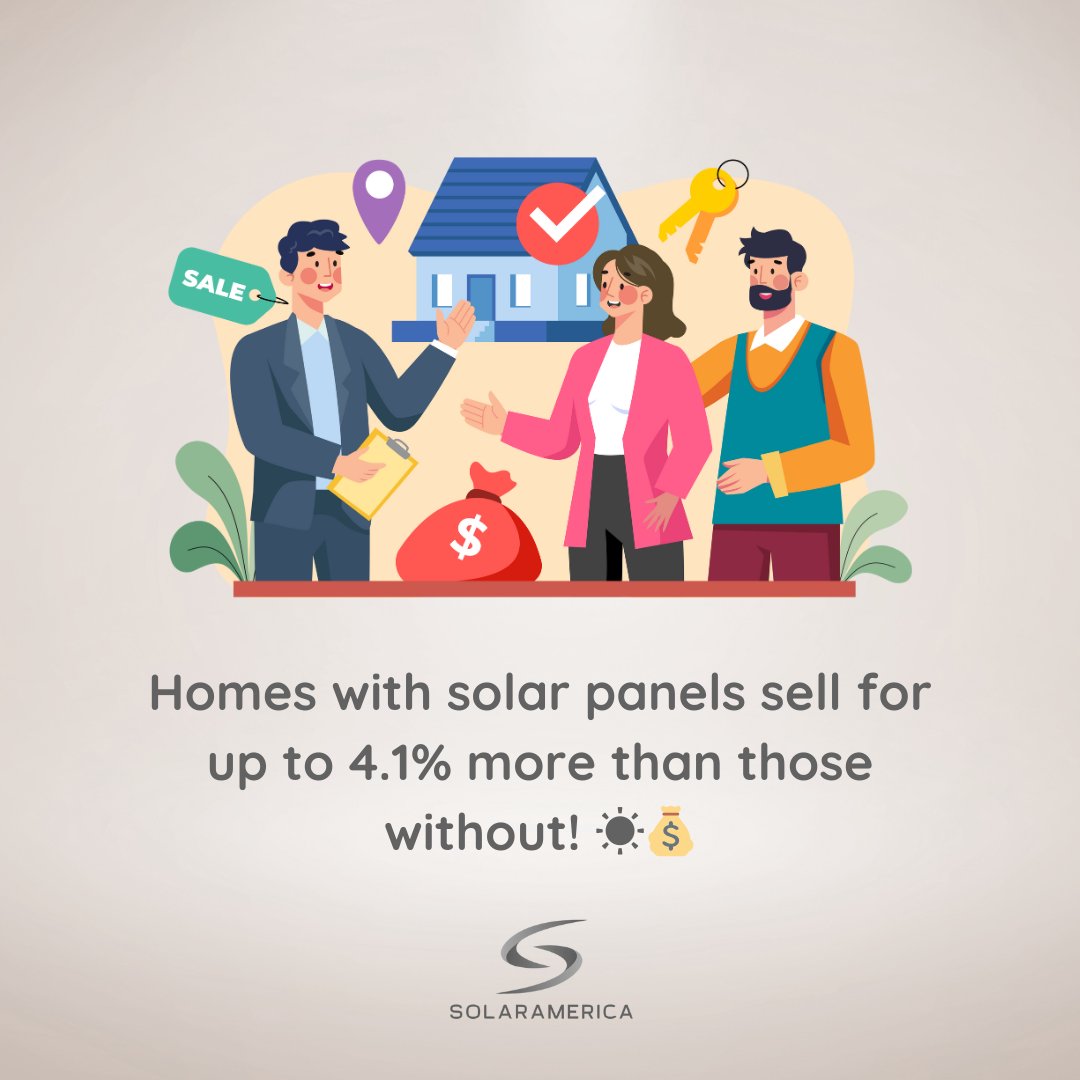 Solaramericaio's tweet photo. 🏡 Did You Know? 💡

Homes with solar panels sell for up to 4.1% more than those without! ☀️💰 Buyers love lower energy costs and sustainable living.

🔆 Boost your home’s value today! https://t.co/f2OM2WPS2g

#DidYouKnow #GoSolar #HomeValue #SolarAmerica https://t.co/L7tCQVLrT8