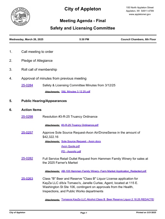 AllAppleton's tweet photo. Safety And Licensing Committee Meeting 03/26/2025 - Will Take Up Resolution Calling For Creation Of Anti-Truancy Ordinance

https://t.co/4Lj5JeKUVC https://t.co/ISlLGOYQ35