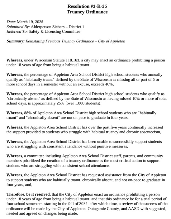 AllAppleton's tweet photo. Safety And Licensing Committee Meeting 03/26/2025 - Will Take Up Resolution Calling For Creation Of Anti-Truancy Ordinance

https://t.co/4Lj5JeKUVC https://t.co/ISlLGOYQ35