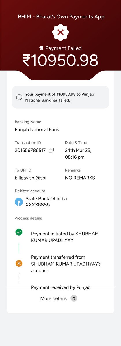 Shubham03427086's tweet photo. dear bhim please return my balance i am transferring my balance to my loan account. It debited but not credited in to loan account . I have only this balance to paid into my loan account. Tomorrow is the last days to paid .
Ab mai kya karu 
@NPCI_BHIM 
Please do something https://t.co/DUdkhN9wDQ