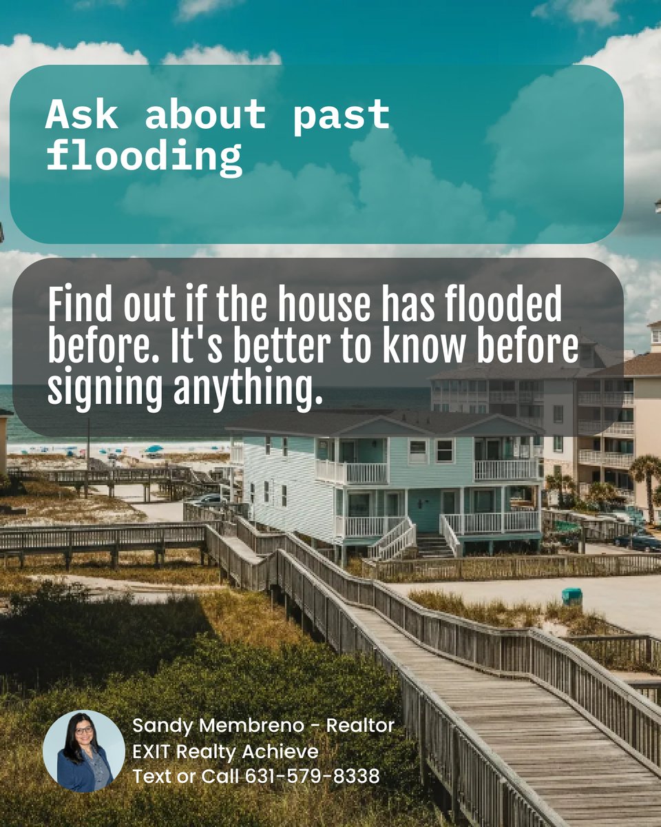 SandyMembreno's tweet photo. Buying a new home on Long Island? 🌊 Know your flood zones! Check FEMA maps, get the right insurance, and ask about past flooding before signing. Your dream home should be safe and dry! What's your biggest concern about flooding? Let's tackle it! #LongIslandLiving https://t.co/I9XcTklDaQ