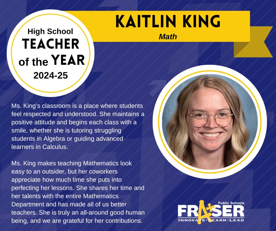 Congratulations to Ms. Kaitlin King, Fraser Public Schools' High School Teacher of the Year!
She brings positivity, dedication &amp; a smile to every lesson. 
We are so lucky to have you in our district! 
#FraserSchools #FraserFamily