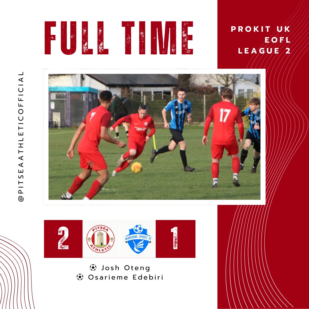 🔴 WEEKEND FIRST TEAM RESULT 🔴

Pitsea Athletic First 2 - 1 Wakering Sports FC
Goal Scorers:
<a href="/JoshuaOteng6/">Joshua Oteng</a>  ⚽
Osarieme Edebiri ⚽

Great work from the team! We maintain top of the league, but its not over yet. We go till the end