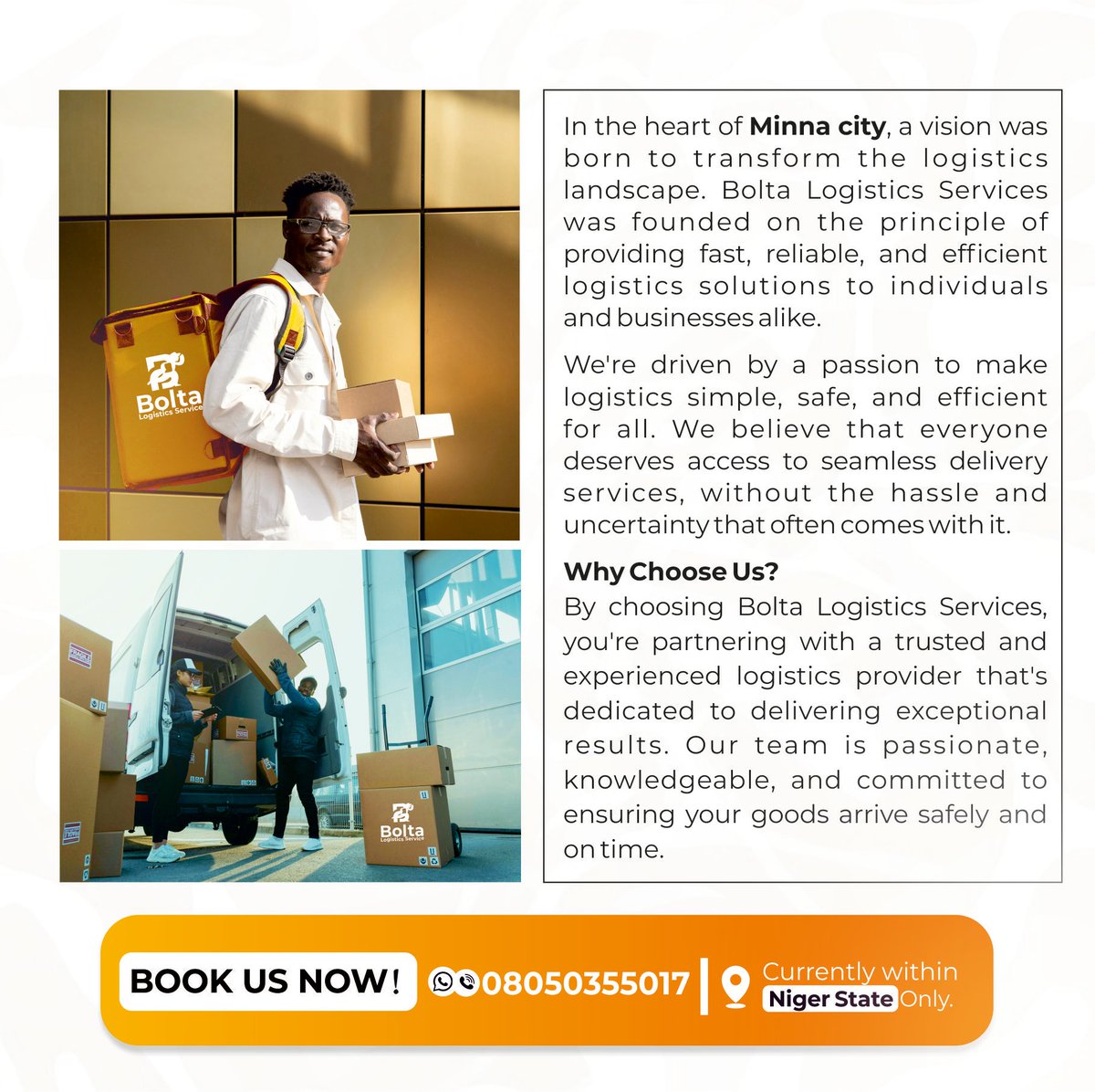 Bayorcreativity's tweet photo. Rebranding logistics! I'm excited to share this flyer design for Bolta Logistics Service, emphasizing their commitment to efficient and trustworthy deliveries #BoltaLogistics #FlyerDesign #Branding #Logistics #Design https://t.co/kR93FraZaI
