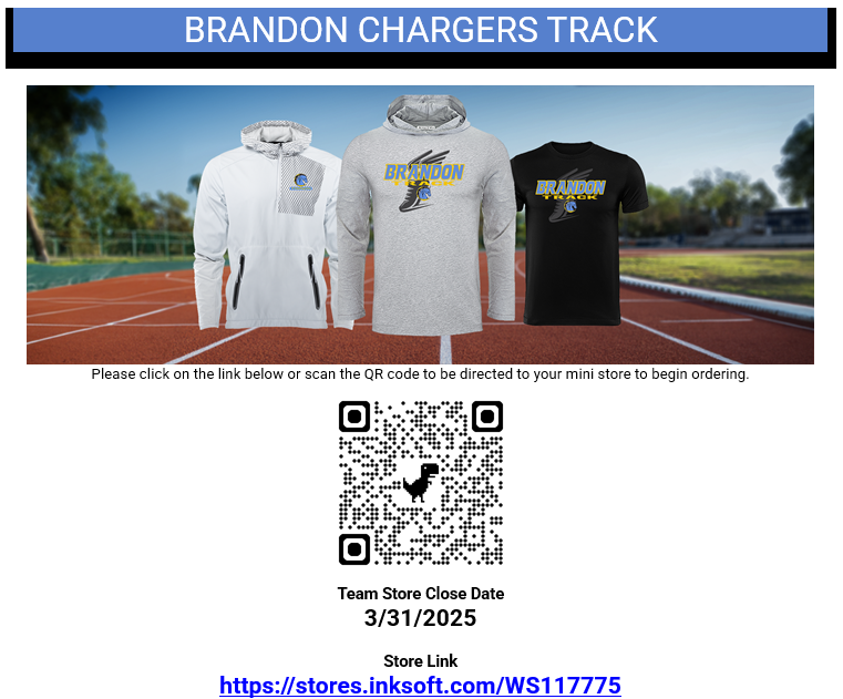 Track Spirit Wear Shop is open for purchases from March 24 to April 1. All items will be delivered within 30 days after the store closes, so expect your spirit wear by May 1.
Shop now: stores.inksoft.com/WS117775