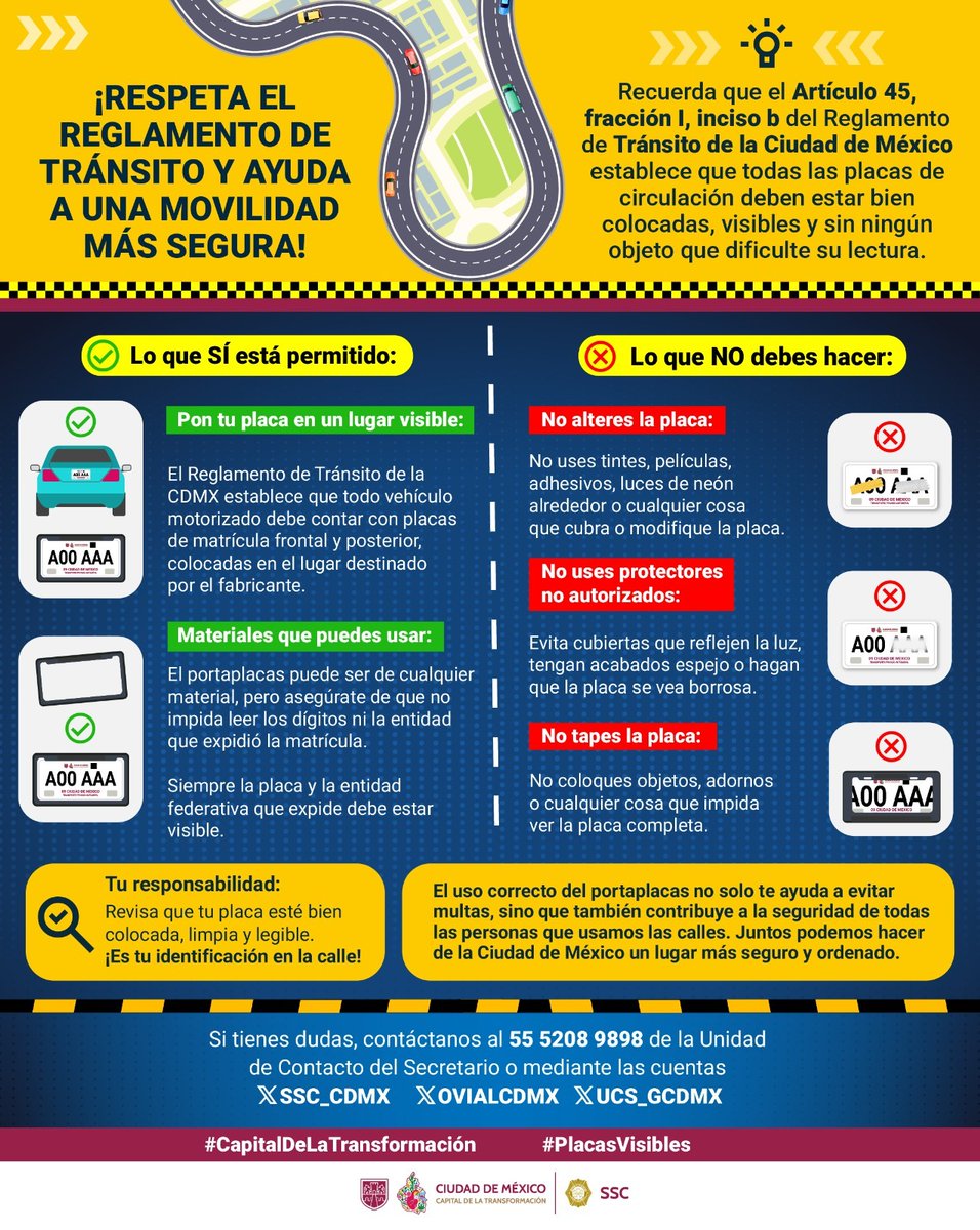 SSC_CDMX's tweet image. ¿Tienes duda sobre el uso correcto de la #Placa de tu #Vehículo para evitar multas?

Conoce estos puntos de lo que está permitido ✅ y lo que no debes hacer ❌, de acuerdo al #ReglamentoDeTránsito de la CDMX, para que no seas infraccionado. 👇🏼

Juntos podemos hacer de la…