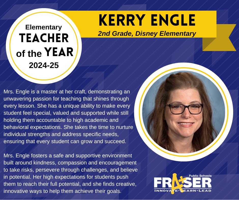 Congratulations to Mrs. Kerry Engle, Fraser Public Schools’ Elementary Teacher of the Year!
Mrs. Engle makes each student feel valued &amp; supported while holding them to high academic &amp; behavioral standards.
We are so lucky to have you in our district! #FraserSchools #FraserFamily