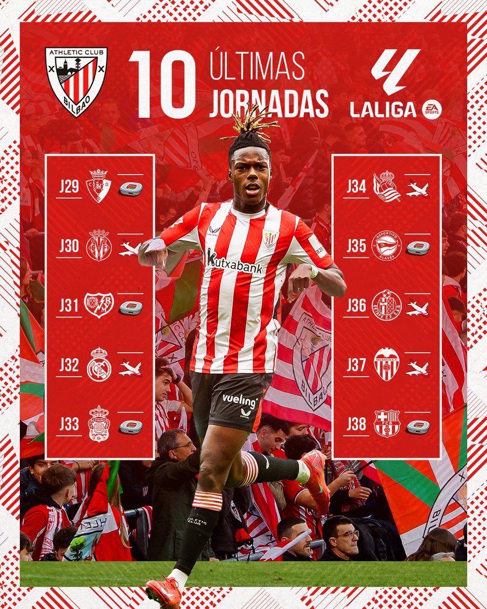 🔥 ¡Encaramos la recta final de <a href="/LaLiga/">LALIGA</a> con las últimas 🔟 jornadas! 

Este domingo, derbi #AthleticOsasuna, y después...

🆚 <a href="/VillarrealCF/">Villarreal CF</a>
🆚 <a href="/RayoVallecano/">Rayo Vallecano</a> 
🆚 <a href="/realmadrid/">Real Madrid C.F.</a> 
🆚 <a href="/UDLP_Oficial/">UD Las Palmas</a> 
🆚 <a href="/RealSociedad/">Real Sociedad Fútbol</a> 
🆚 <a href="/Alaves/">Deportivo Alavés</a> 
🆚 <a href="/GetafeCF/">Getafe C.F.</a> 
🆚 <a href="/valenciacf/">Valencia CF</a> 
🆚 <a href="/FCBarcelona_es/">FC Barcelona</a>