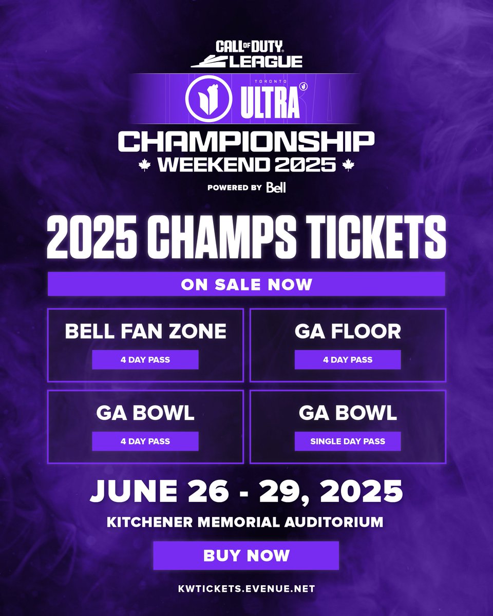 🚨 ALMOST SOLD OUT 🚨

There's only a few <a href="/Bell/">Bell</a> Fan Zone passes left for the whole weekend! Grab your tickets NOW and don't miss out on this historic event! 
 
🎫 Bit.ly/ChampsTickets2… 

#CODChamps | #CDL2025