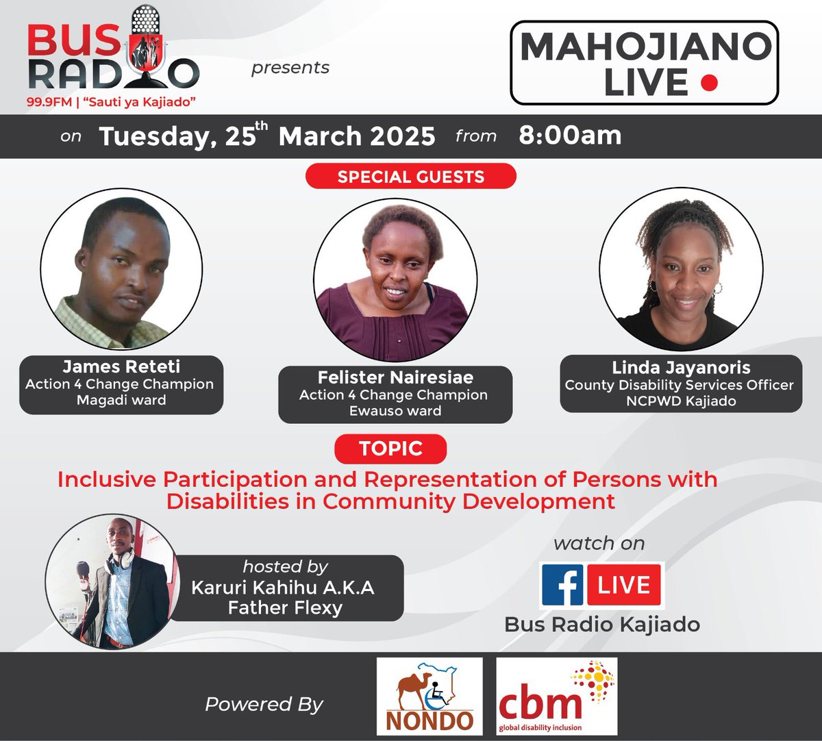 Exciting news!🥳

Our champions are going for a radio talk show tomorrow.Catch the show live from 8.00 a.m on Bus Radio
James &amp;Felister will be representing us and they will be accompanied by Linda from NCWPD Kajiado County.

The show will revolve around Action 4 Change Project