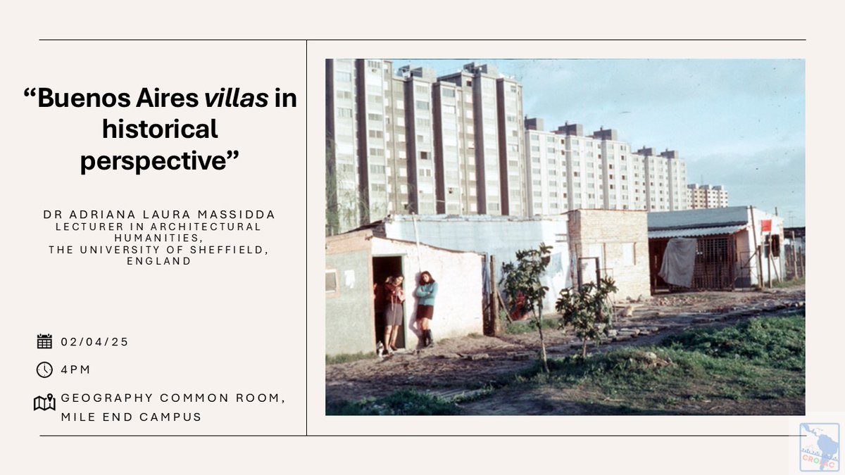 Don't forget we have this public seminar next week.
“Buenos Aires villas in historical perspective” with Dr Adriana Laura Massidda. 
Join us on the 2nd of April at 4pm. This is a free event and you don't need to book a ticket. 
Hope to see you there!