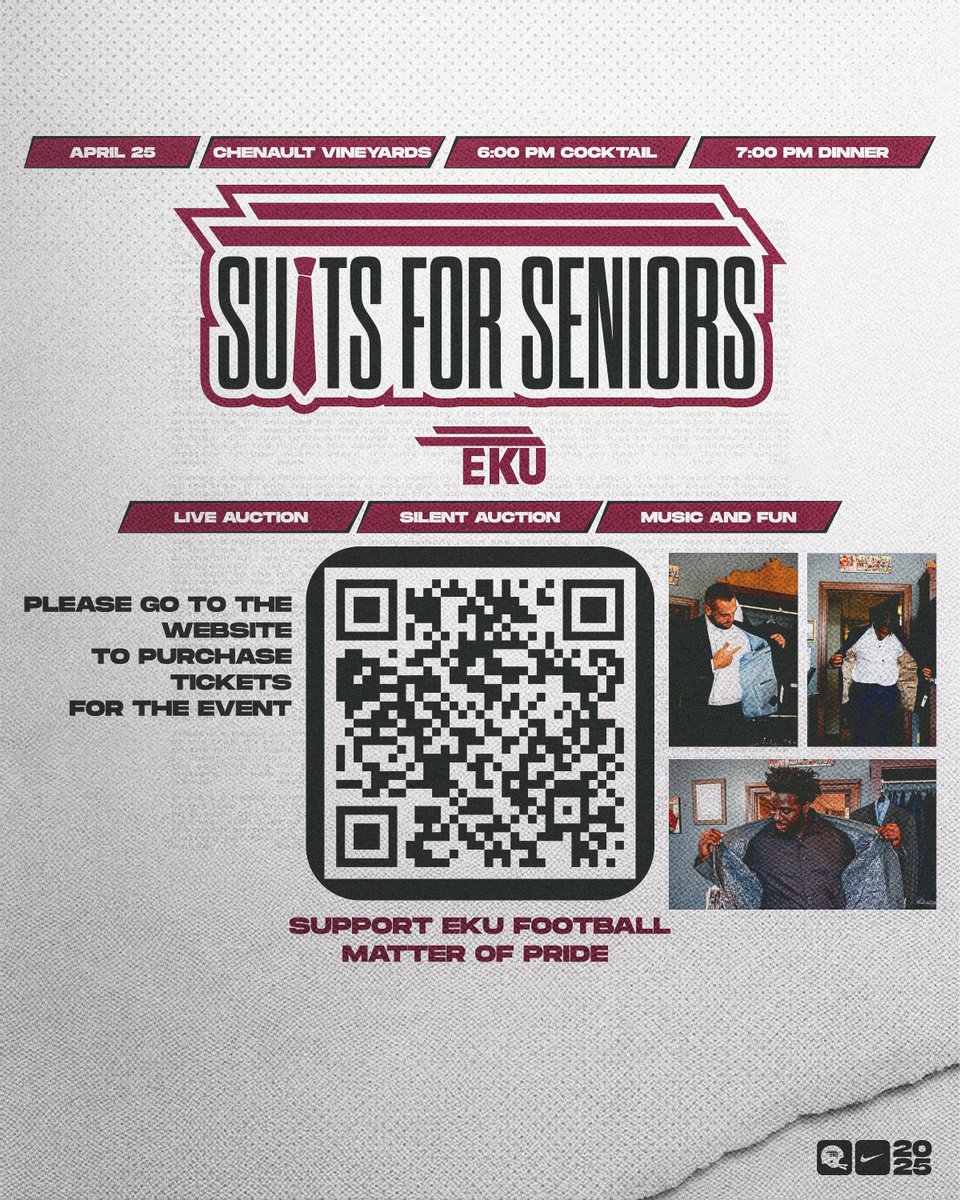EKUFootball's tweet photo. There's still time to secure your spot for Suits for Seniors by scanning the QR code in the graphic below!

Join us at Chenault Vineyards on April 25 for a night that will include...

- Live Music
- Food
- Silent &amp; Live Auctions
- And so much more!

#E2W | #MatterOfPride https://t.co/6QAZDBailE