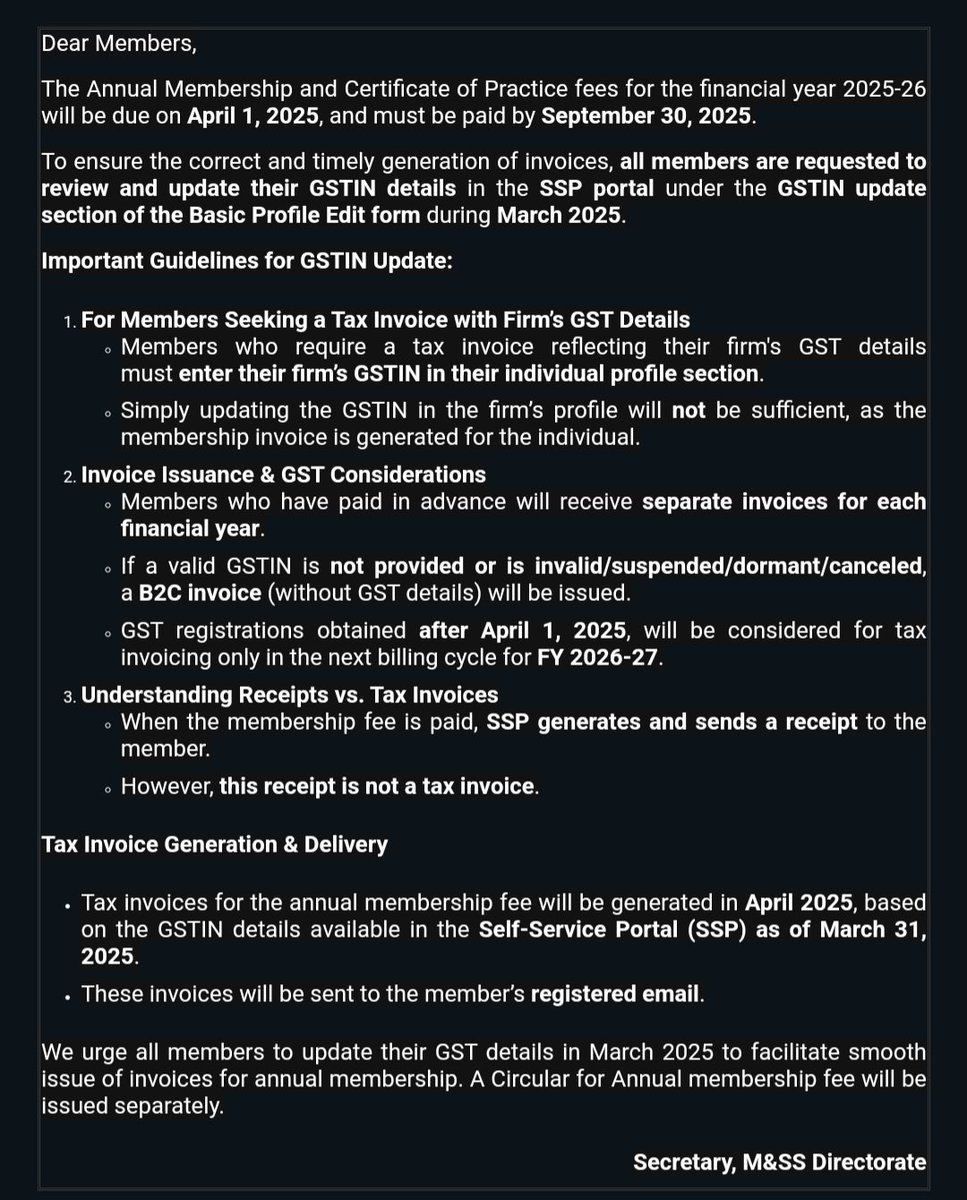 This important email has been sent to all the Members today regarding fee payment for the next Financial Year by MSS Directorate. Kindly also reach out to your groups and friends and request them to read the email and do the needful. Please do not ignore.