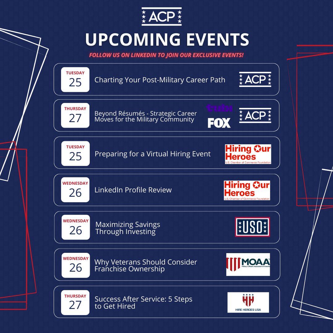 acpvets's tweet photo. So many awesome opportunities for you this week. For more information check us out on LinkedIn.

Register Here: https://t.co/gqNSN3T8p2

#jobs #hiring #military https://t.co/5Gg3rdzu9t