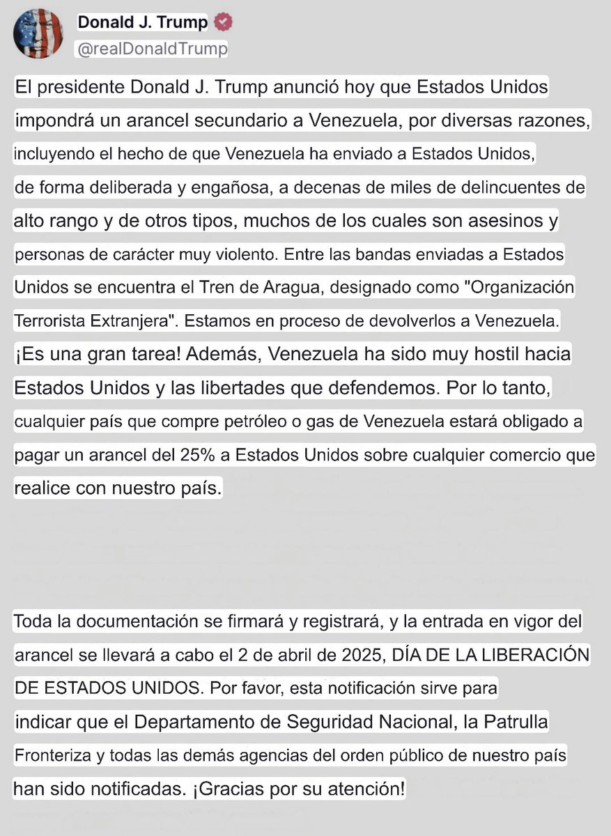 🏛 Repúblico Johanna Montenegro (@psicjohanna) on Twitter photo <a href="/realDonaldTrump/">Donald J. Trump</a>
El presidente Donald J. Trump anunció hoy que Estados Unidos impondrá un arancel secundario a Venezuela, por diversas razones, incluyendo el hecho de que Venezuela ha enviado a Estados Unidos, de forma deliberada y engañosa, a decenas de miles de delincuentes de <a href="/realDonaldTrump/">Donald J. Trump</a>
El presidente Donald J. Trump anunció hoy que Estados Unidos impondrá un arancel secundario a Venezuela, por diversas razones, incluyendo el hecho de que Venezuela ha enviado a Estados Unidos, de forma deliberada y engañosa, a decenas de miles de delincuentes de