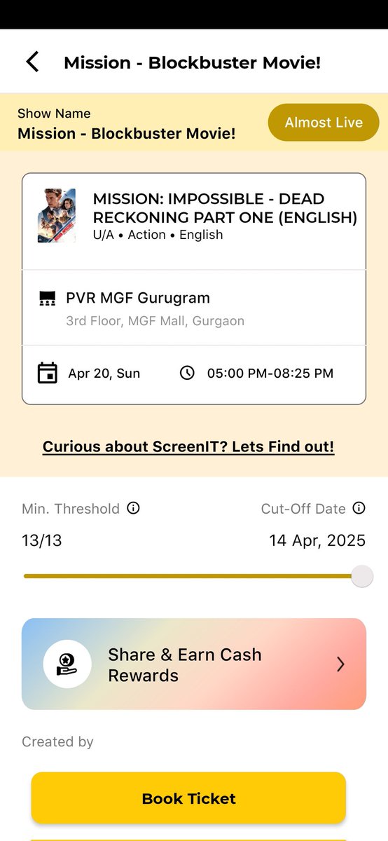 Speaks_Div's tweet image. Due to the absence of a #MissionImpossible re-release by @ParamountPics here.

The audience have taken matter in their own hands, used @_PVRCinemas&apos;s #ScreenIT to have a 1 theatre show for MI:7 on April 20th. Tix on BMS too.

With the previous track record of ScreenIT, I&apos;ll skip.