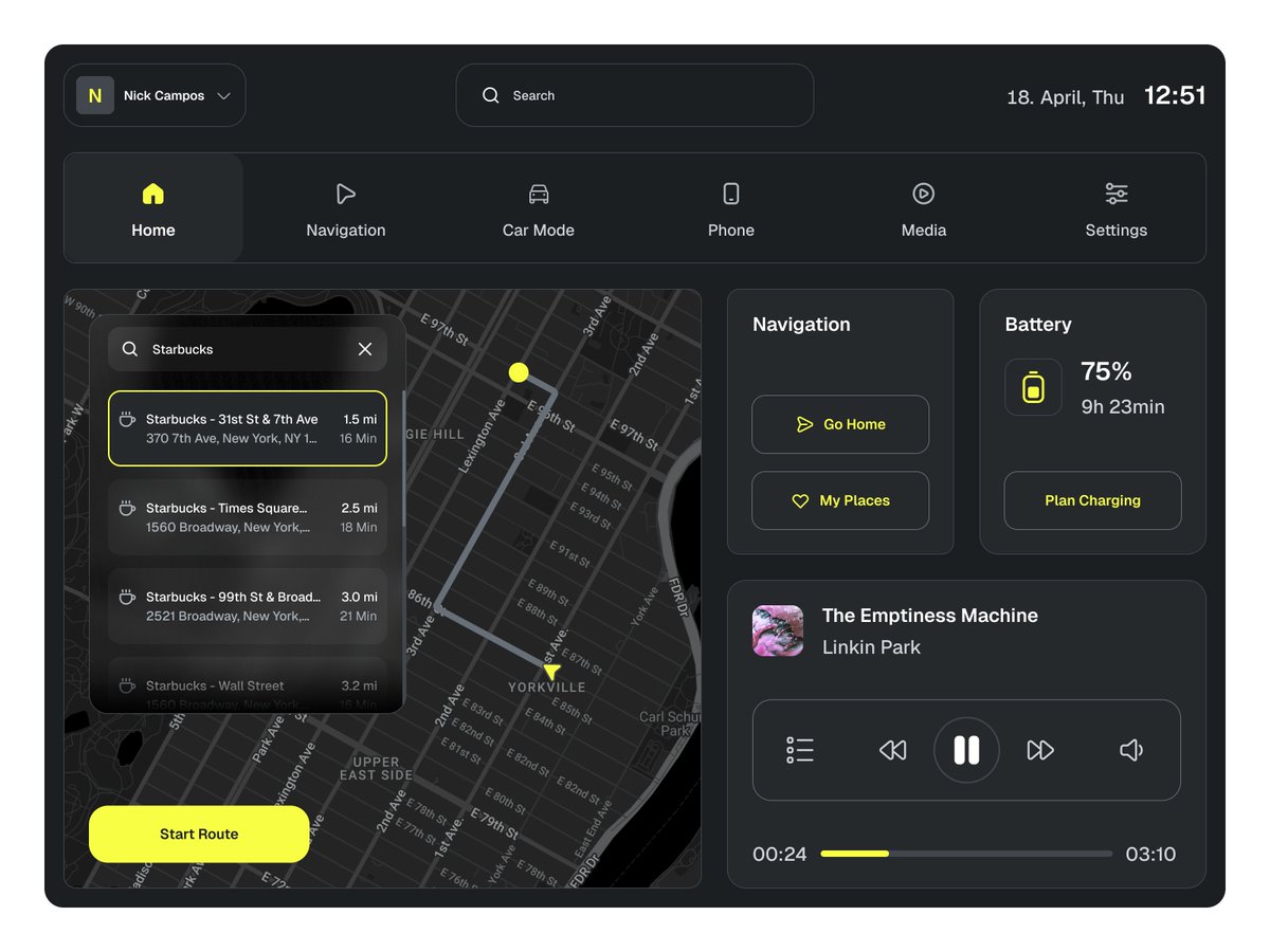 nckcampos's tweet photo. A refined Car UI Design with intuitive navigation, media control, and battery monitoring. Designed for a driver-focused User Experience.
#UIDesign #CarUI #AutomotiveDesign #UXDesign #InterfaceDesign #ProductDesign https://t.co/pCiSJScnZ3