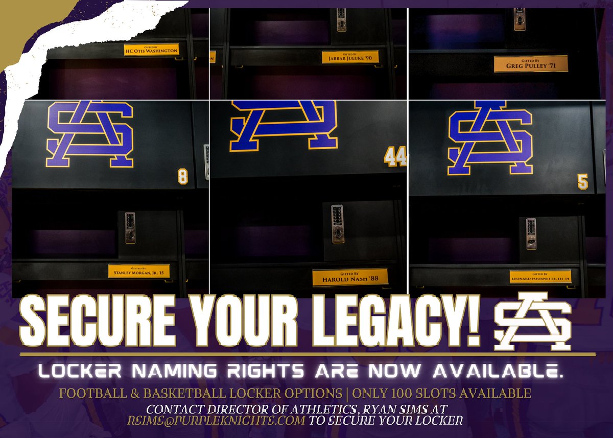 St Augustine NOLA (@staugnola) on Twitter photo Secure Your Legacy! Join the tradition and leave your mark at St. Augustine High School! Locker Naming Rights available for both football & basketball lockers— 100 slots available!
Contact Director of Athletics, Ryan Sims at rsims@purpleknights.com to secure your locker today! Secure Your Legacy! Join the tradition and leave your mark at St. Augustine High School! Locker Naming Rights available for both football & basketball lockers— 100 slots available!
Contact Director of Athletics, Ryan Sims at rsims@purpleknights.com to secure your locker today!