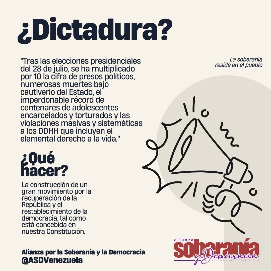 🛑 ¿DICTADURA?

"Tras las presidenciales del #28J, se ha multiplicado por 10 la cifra de presos políticos, numerosas muertes bajo cautiverio del Estado, el imperdonable récord de centenares de adolescentes
encarcelados y torturados y
violaciones y a los DDHH".

#ASDSeManifiesta