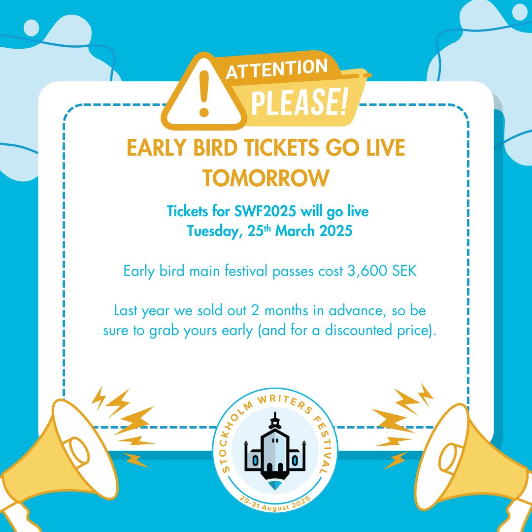 We're soooo excited!!! TOMORROW, Tuesday, March 25, ticketing opens to the friendliest gathering of writers on the planet: the Stockholm Writers Festival. Hone your craft and get savvier about publishing. And we've built in tons of opportunity to meet your scribe tribe!

#SWF25