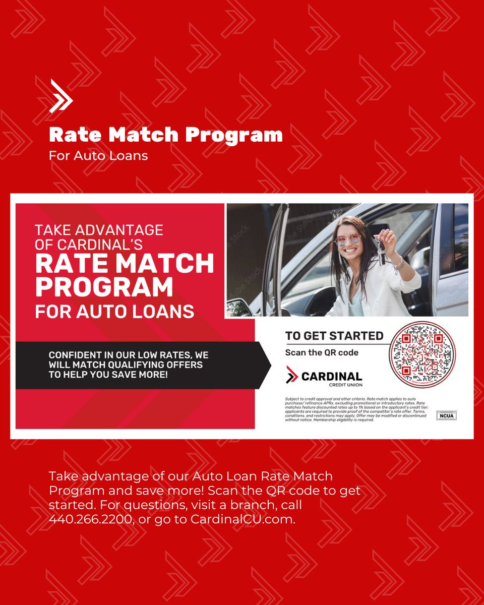 CardinalCu's tweet photo. Save more with our Auto Loan Rate Match Program! 🚗💰 Scan the QR code to get started.  #FinancialFreedom #PersonalFinance #CreditUnion #MoneyMatters #InvestSmart #CommunityBanking https://t.co/A22kIvxABw