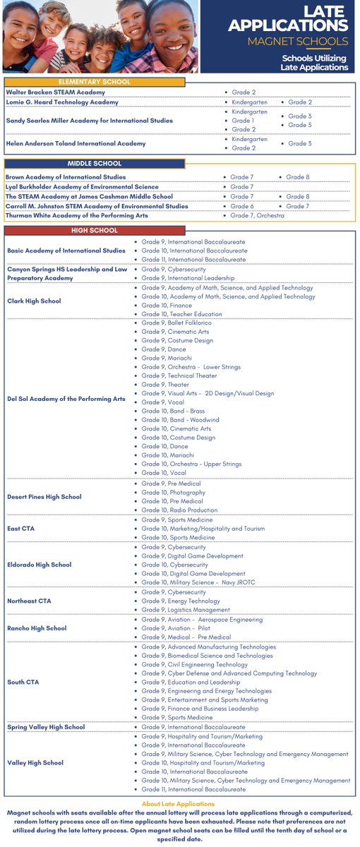 Late applications are now open! 🎉 Head to magnet.ccsd.net to apply. 📝✨ 
.
Check out the list of schools currently utilizing late applications. Don’t miss your chance! 🚀 #WeAreCCSD #CCSDMagnetSchools