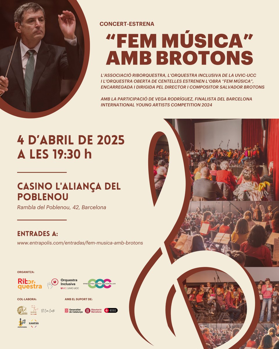 riborquestra's tweet photo. 📢 La #Riborquestra, l'Orquestra Inclusiva de la @uvic_ucc i l'Orquestra Oberta de Centelles estrenem #FemMúsica amb @SalvadorBrotons! 

🗓️ Divendres 4 d'abril a les 19:30h
📍 Casino l'Aliança del Poblenou
🎟️ https://t.co/zqQ30YYAz0

Amb @elcorcanta i el cor el Crit de Mont-ras👏🏾 https://t.co/rTTxOIXRaQ