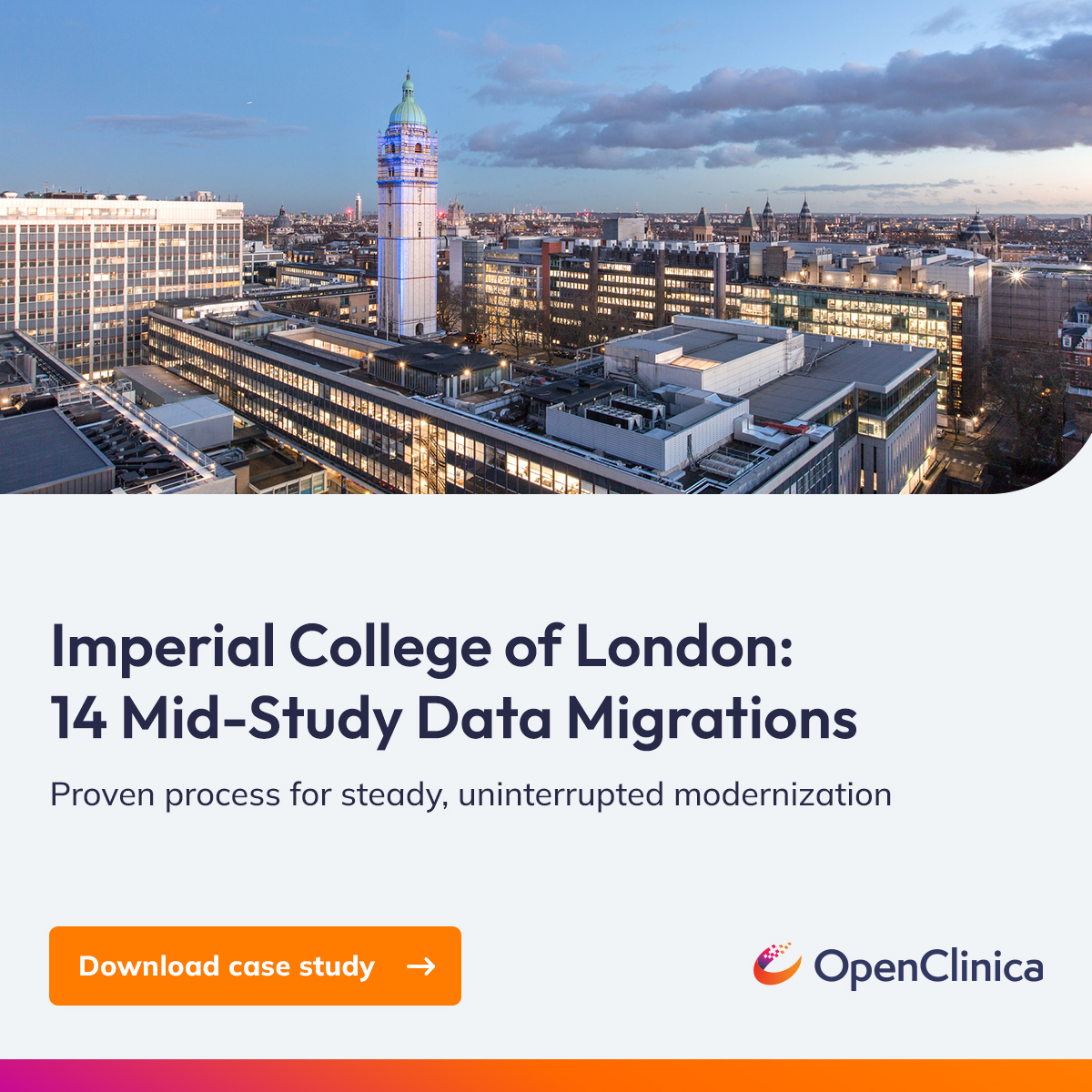 OpenClinica's tweet photo. .@imperialcollege partnered with us to modernize their EDC system without disrupting research. In just 16 months, we helped seamlessly migrate 14 active studies.

Get the case study to learn how: https://t.co/ebQB4ILoCd

#ClinicalTrials #ClinicalData #EDC https://t.co/h6vP1Hgoij