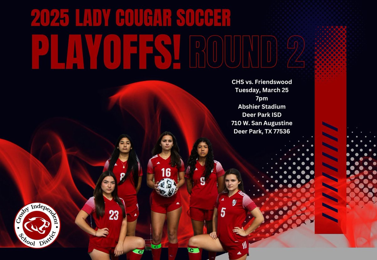 Lady Cougar Soccer
ROUND 2 of Playoffs

They will take on Friendswood HS at 7PM tomorrow at Clyde Abshire Stadium in Deer Park ISD. 

Good luck 🍀