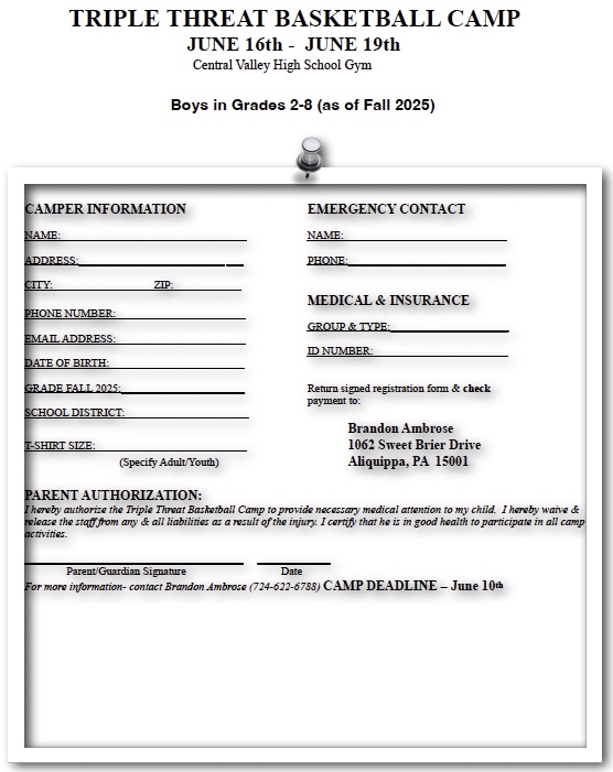Central Valley Roundball Association (@cvroundball) on Twitter photo ππ₯ Get Ready, Central Valley! The Triple Threat Basketball Camp is BACK! π₯π
π
 Dates: June 16th β June 19th, 2025
π Location: Central Valley High School
π¦ Who: Boys entering Grades 2β8 (as of Fall 2025)
π΅ Cost: $100 ππ₯ Get Ready, Central Valley! The Triple Threat Basketball Camp is BACK! π₯π
π
 Dates: June 16th β June 19th, 2025
π Location: Central Valley High School
π¦ Who: Boys entering Grades 2β8 (as of Fall 2025)
π΅ Cost: $100
