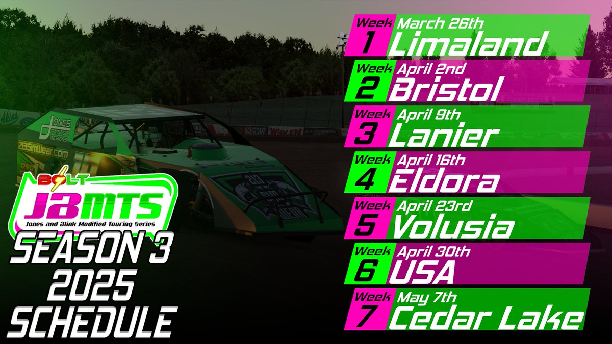 Blinky Blowovers (@melon_4234) on Twitter photo ANNOUNCEMENT:
<a href="/Bolt_Racing2012/">Bolt Racing League</a> J&B Late Model Tour will be using the Dirt UMP Modified and will become the J&B Modified Touring Series!
I'll be stepping out of the seat and into the booth to broadcast each and every week!
See the schedule below, and contact me if interested! ANNOUNCEMENT:
<a href="/Bolt_Racing2012/">Bolt Racing League</a> J&B Late Model Tour will be using the Dirt UMP Modified and will become the J&B Modified Touring Series!
I'll be stepping out of the seat and into the booth to broadcast each and every week!
See the schedule below, and contact me if interested!
