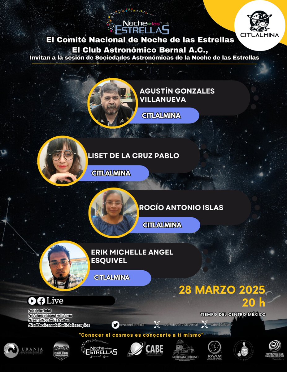 ¡Ya toca! Este viernes 28 estarán con nosotros,  través del canal del Club Astronómico Bernal A.C., los miembros de la Sociedad Astronómica Citlalmina, base de la Sede Iztapalapa de la #NdE2025! Nos vemos, por nuestro FBLive, 20:00h