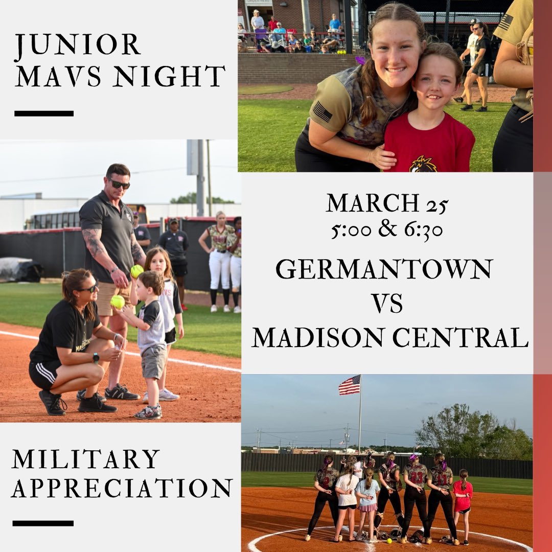 Join us at the Ranch tomorrow for a big night! District match up with Madison Central, Junior Mavs Night, and Military Appreciation! 
See you then! 🥎

@ghsmavericks #GoMavs