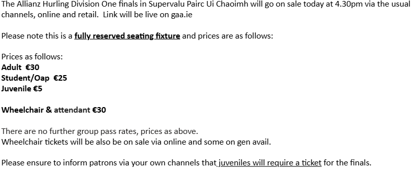 Tickets for the Allianz National Hurling League Final against Offaly in Supervalu Pairc Ui Chaoimh on Sunday 6th April are on sale from now!!

The County Board will not be receiving an allocation of tickets and all tickets must be purchased either via the usual Supervalue/Centra