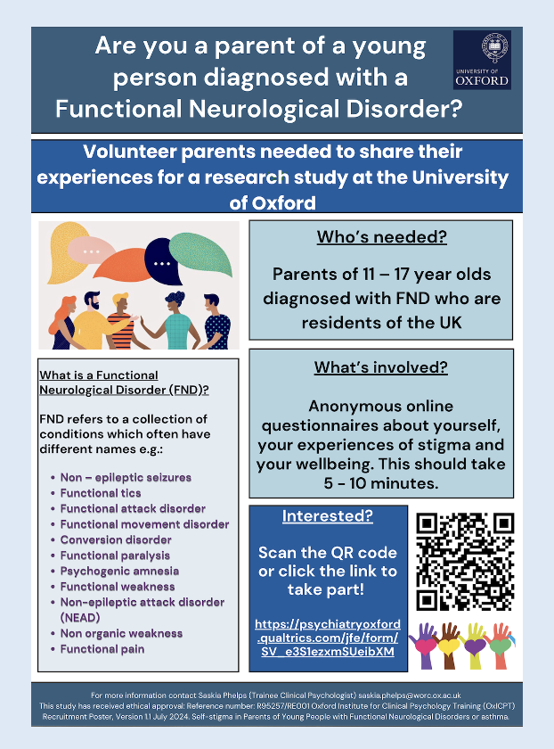 Calling parents of young people diagnosed with FND! Take part in a research study with the University of Oxford to help understand the experiences of parents of young people aged 11-17 years old with a diagnosis of FND psychiatryoxford.qualtrics.com/jfe/form/SV_e3… #FunctionalNeurologicalDisorder