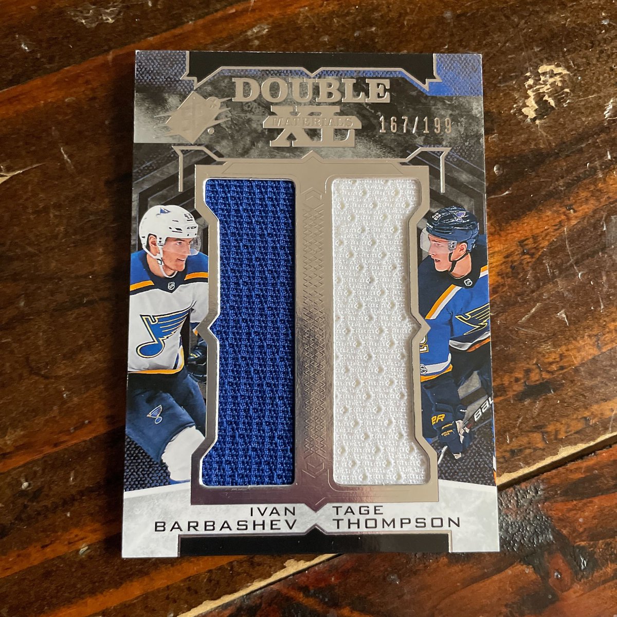 Darceman22's tweet image. St. Louis Blues Card of the Day

17-18 SPx
Ivan Barbashev, Tage Thompson  #XD-BT
Double XL Duos Materials – Tier 1 – 167/199

TNT played his college hockey at UConn, who plays tonight after making their first ever NCAA Tournament. 
#stlblues #IceBus