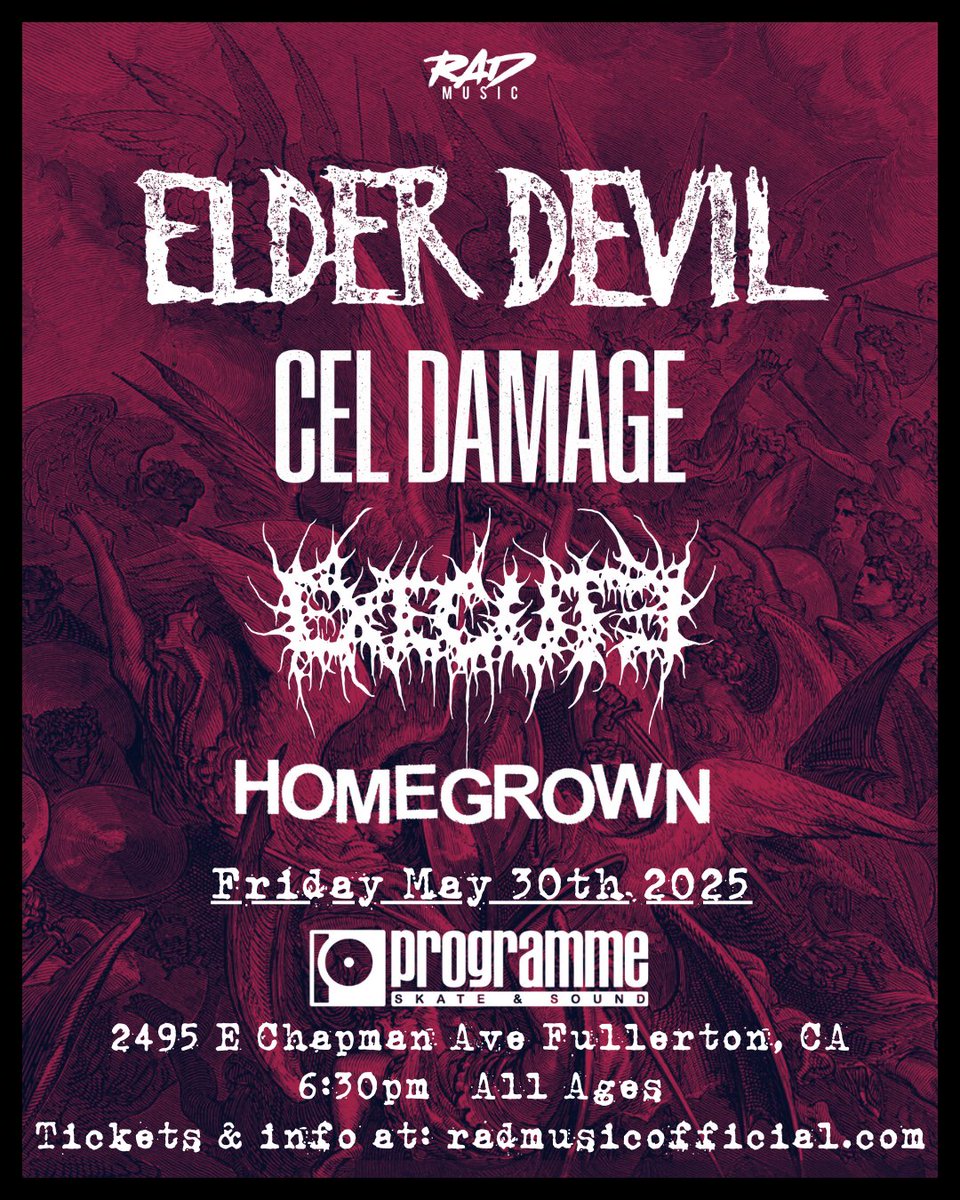 Stoked to return to <a href="/programmehq/">Programme</a> on May 30th with this sickening lineup. Catch <a href="/elderdevilca/">Elder Devil</a> <a href="/CelDamageBand/">Cel Damage</a> #Execute and #Homegrown. Tix &amp; info: eventbrite.com/e/1298473181239

#rad #radmusic #programme #skate #metal #deathmetal #hardcore #fullerton #oc #OrangeCounty