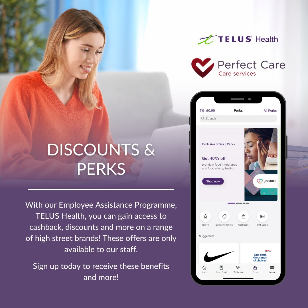 PerfectCareNE's tweet photo. Join our #EmployeeAssistanceProgramme #TELUSHealth for FREE to access health and financial advice, a help line and live chat as well as #discounts and #cashback on many different brands, exclusive for our #care staff!

Email tilly.brown@dalecare.co.uk to received your invitation! https://t.co/P8txMAGtNv