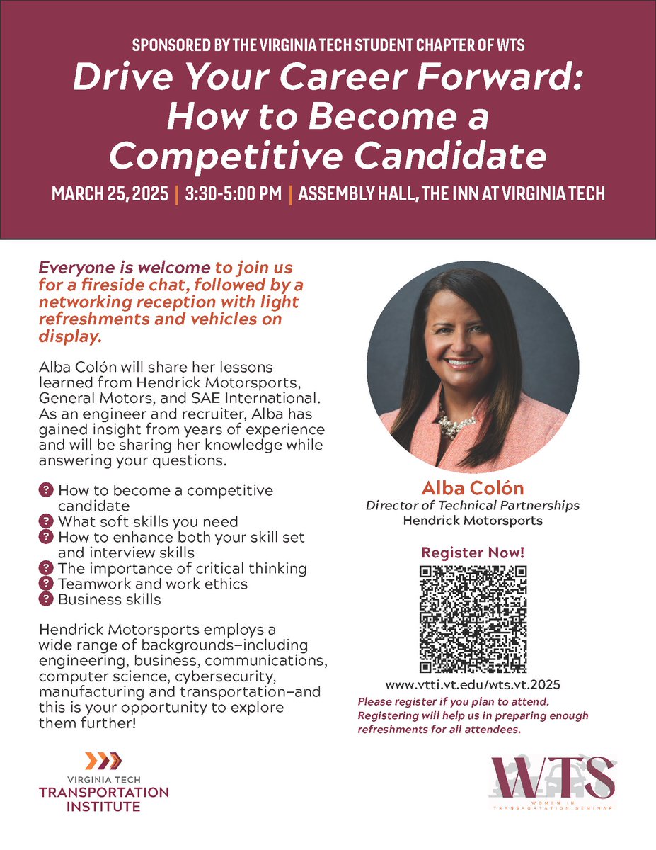 vtcsom's tweet image. Discover key insights into becoming a competitive candidate and enhancing your interview skills/essential soft skills such as critical thinking, teamwork, and potential career opportunities with Alba Colón from Hendricks Motorsports
Register here: forms.office.com/r/t5Y34sDx9w