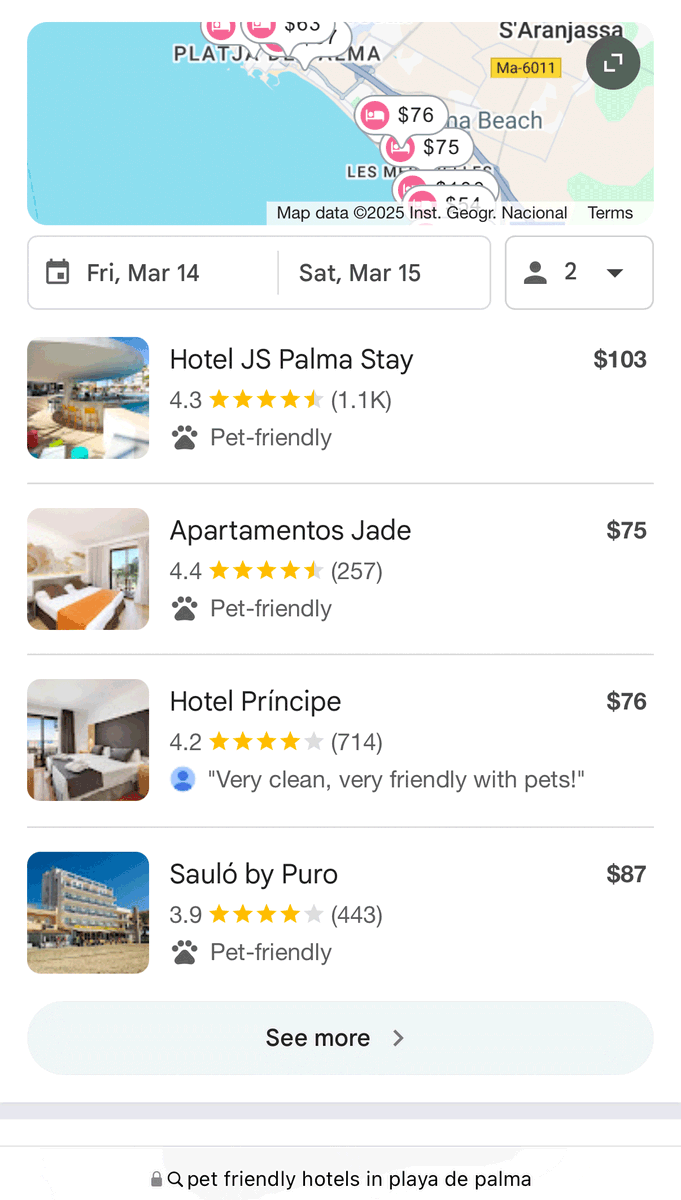 rustybrick's tweet photo. Google is testing quick view buttons on hotel/lodging packs/carousels https://t.co/VE5E0HbHPm via @lluc_seo https://t.co/wWBn6nyCbB