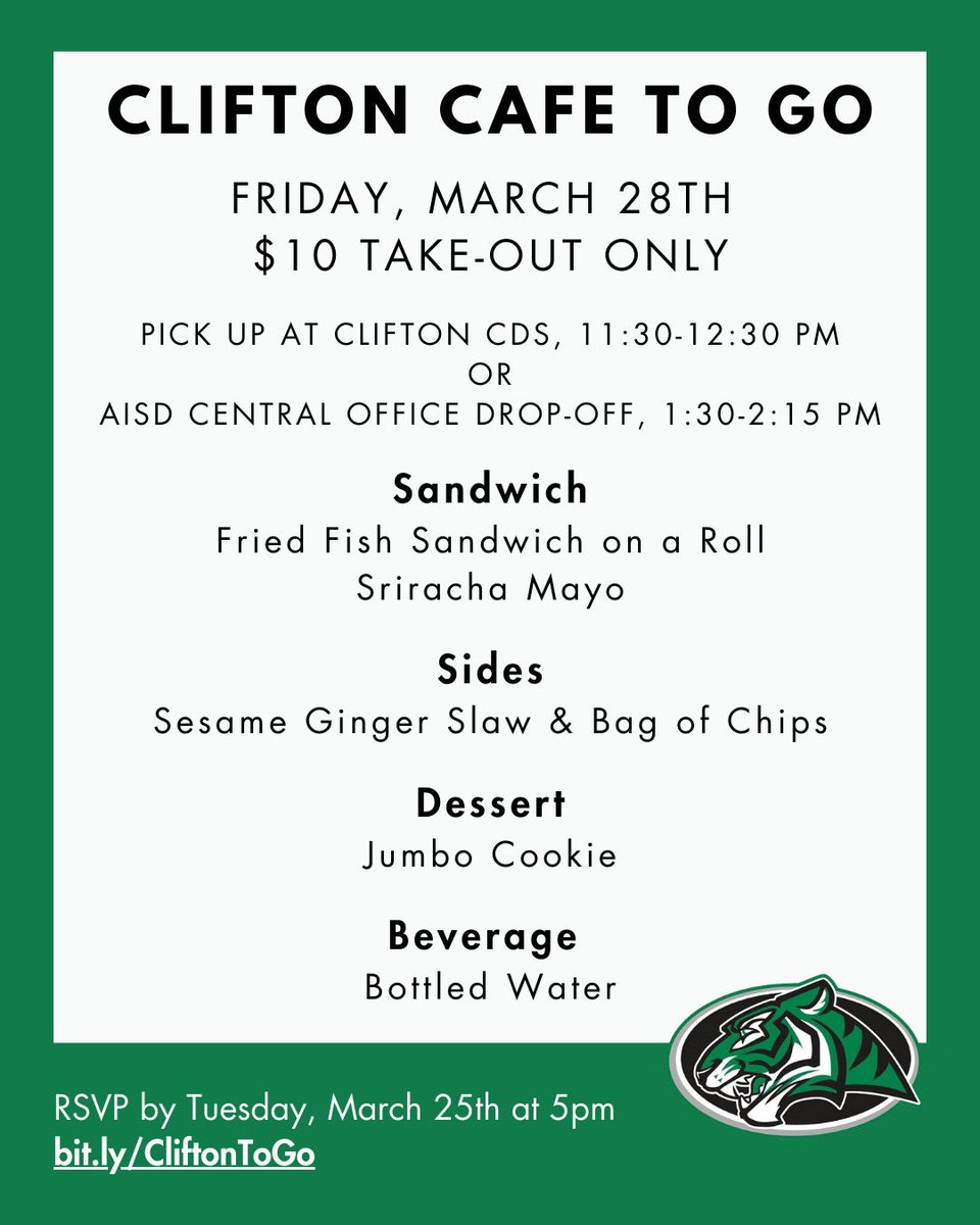 CliftonCDS (@cliftoncds) on Twitter photo We are excited to announce our 1st #CliftonCafeToGo this Friday! This luncheon will be TAKEOUT only with pick-up at Clifton or drop-off at @austinisd Central Office.
RSVP & prepay by Tues at 5pm to reserve your lunch
➡️ bit.ly/CliftonToGo
<a href="/Secondary_AISD/">AISD Secondary School Leadership</a> <a href="/AISD_CTE/">Austin ISD - Career & Technical Education</a> We are excited to announce our 1st #CliftonCafeToGo this Friday! This luncheon will be TAKEOUT only with pick-up at Clifton or drop-off at @austinisd Central Office.
RSVP & prepay by Tues at 5pm to reserve your lunch
➡️ bit.ly/CliftonToGo
<a href="/Secondary_AISD/">AISD Secondary School Leadership</a> <a href="/AISD_CTE/">Austin ISD - Career & Technical Education</a>