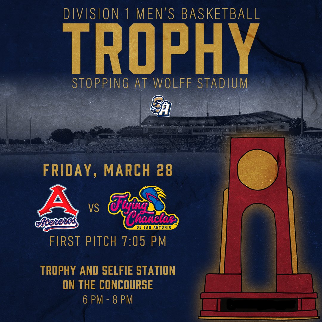 San Antonio Missions Baseball (@missionsmilb) on Twitter photo GAME WEEK ⚾️
🩴 Flying Chanclas de San Antonio vs <a href="/AcererosOficial/">Acereros de Monclova</a>
📆 Game 1 of 3: FRI | March 28 | 7:05 PM
🏆 Selfie station with the Division 1 Men's Basketball Trophy
🎟️: bit.ly/40NoIIr GAME WEEK ⚾️
🩴 Flying Chanclas de San Antonio vs <a href="/AcererosOficial/">Acereros de Monclova</a>
📆 Game 1 of 3: FRI | March 28 | 7:05 PM
🏆 Selfie station with the Division 1 Men's Basketball Trophy
🎟️: bit.ly/40NoIIr