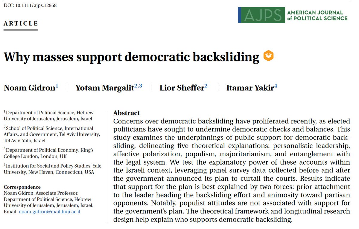 Noam Gidron (@noamgidron) on Twitter photo ๐จWhy do masses support democratic backsliding?๐จ
A new <a href="/AJPS_Editor/">AJPS</a> paper with Yotam Margalit, <a href="/LiorSheffer/">Lior Sheffer</a> and <a href="/ItamarYakir/">Itamar Yakir</a> explores this question in the Israeli context. Our findings emphasize the role of leader attachment and affective polarization.
doi.org/10.1111/ajps.1โฆ ๐จWhy do masses support democratic backsliding?๐จ
A new <a href="/AJPS_Editor/">AJPS</a> paper with Yotam Margalit, <a href="/LiorSheffer/">Lior Sheffer</a> and <a href="/ItamarYakir/">Itamar Yakir</a> explores this question in the Israeli context. Our findings emphasize the role of leader attachment and affective polarization.
doi.org/10.1111/ajps.1โฆ
