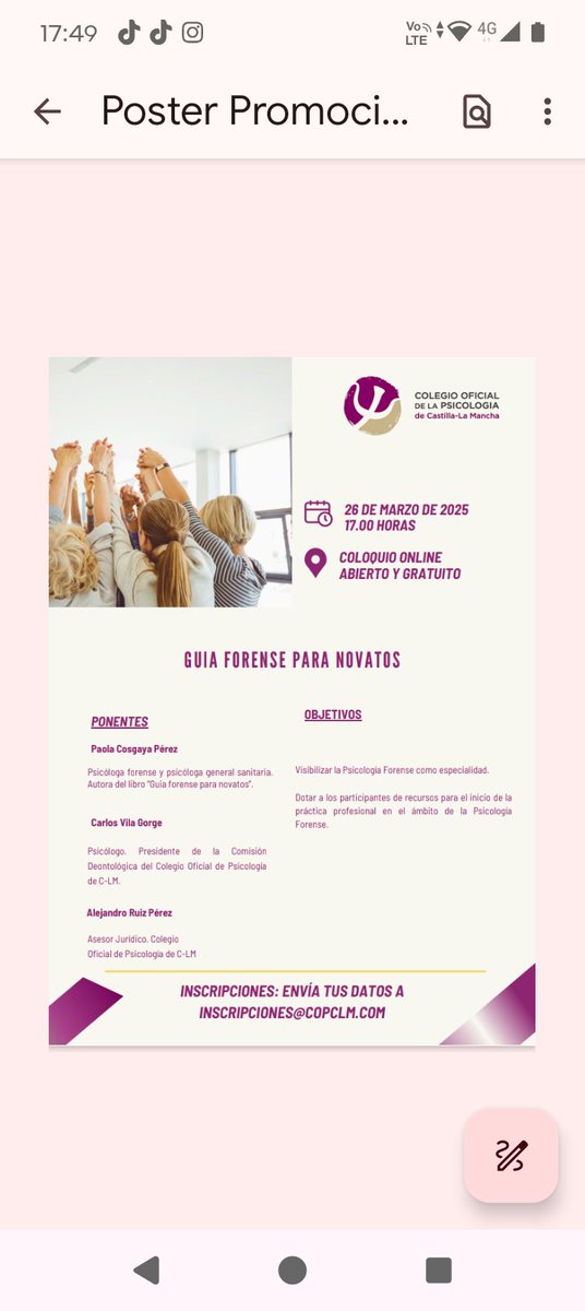 Colegio Psicol C-LM (@copclm) on Twitter photo Coloquio 26 de marzo: Guia forense para novatos. Inscríbete en inscripciones <a href="/copclm/">Colegio Psicol C-LM</a>.com Coloquio 26 de marzo: Guia forense para novatos. Inscríbete en inscripciones <a href="/copclm/">Colegio Psicol C-LM</a>.com