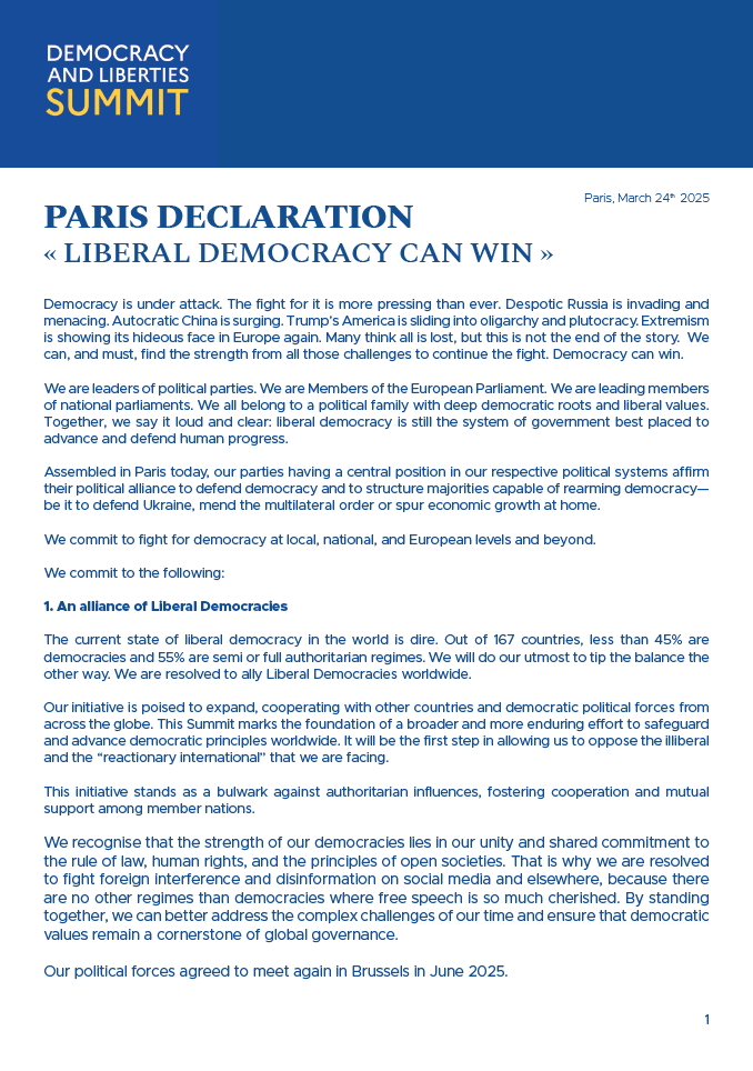 ALDEParty's tweet photo. ‼️ Defending democracy has NEVER been more important than NOW.
Today, liberals and democrats came together to send a clear message: liberal democracy remains the strongest force for freedom, prosperity and progress.
We commit to:
🔵 Forge a global alliance of liberal democracies
🔵 Ensure long-lasting peace and prosperity
🔵Strengthen European defence
🔵Support Ukraine in their fight for freedom
🔵Defend human rights everywhere
🔵Renew global cooperation and restore multilateralism
Read the full Paris Declaration from #ALDEParty President @svenja_hahn and leaders of @Renaissance @RenewEurope @democrats_eu: https://t.co/l0oToL3Nk7